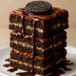 Delicious Oreo Brownies topped with crushed Oreos and chocolate drizzle.