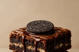 Delicious Oreo Brownies topped with crushed Oreos and chocolate drizzle.