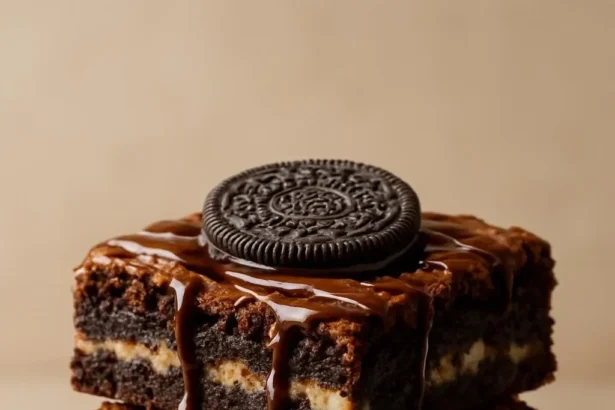 Delicious Oreo Brownies topped with crushed Oreos and chocolate drizzle.