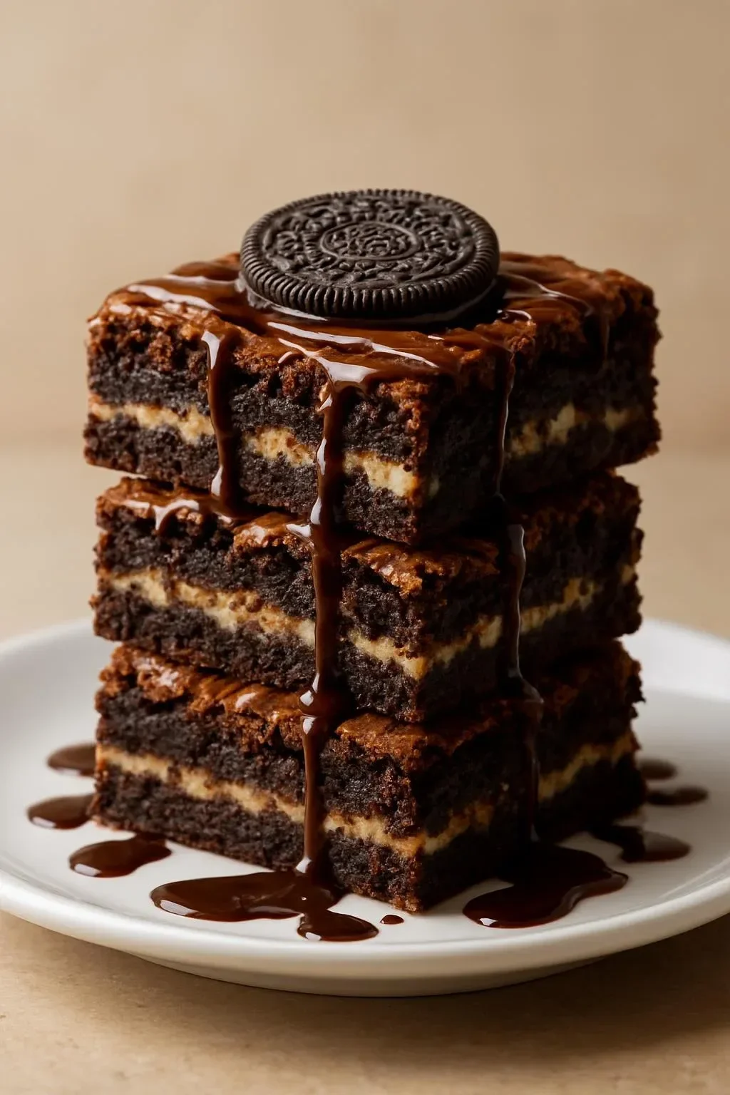 Delicious Oreo Brownies topped with crushed Oreos and chocolate drizzle.