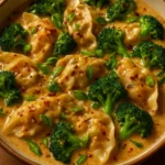 Oven-baked dumplings served with peanut sauce on a plate