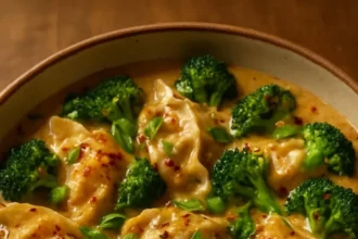 Oven-baked dumplings served with peanut sauce on a plate