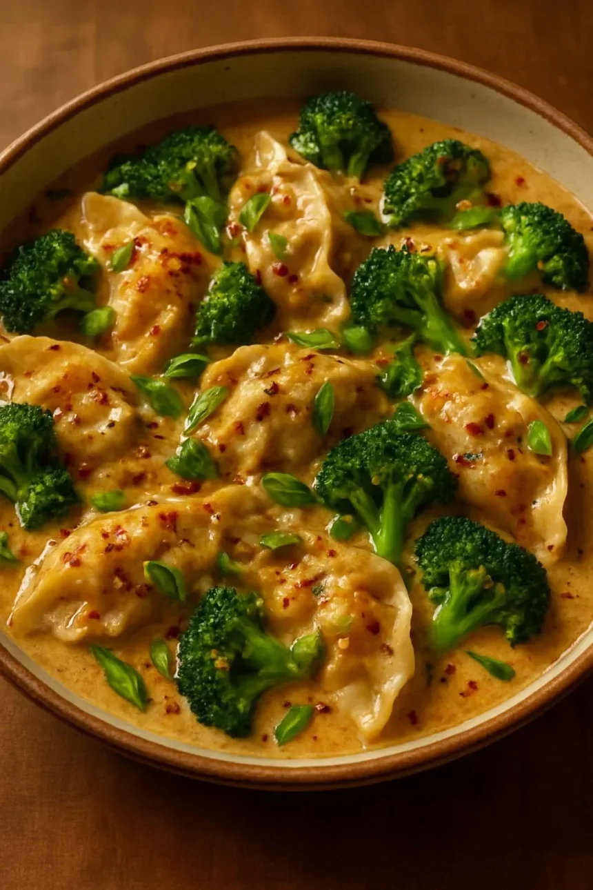 Oven-baked dumplings served with peanut sauce on a plate