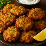 A plate of crispy Pakora Indian vegetable fritters with dipping sauce.