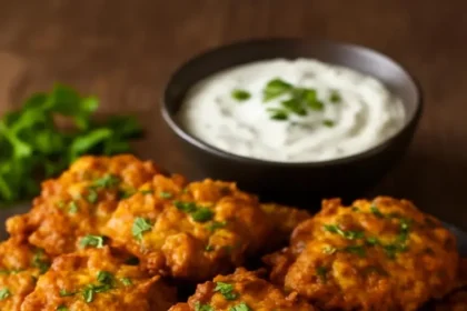 A plate of crispy Pakora Indian vegetable fritters with dipping sauce.