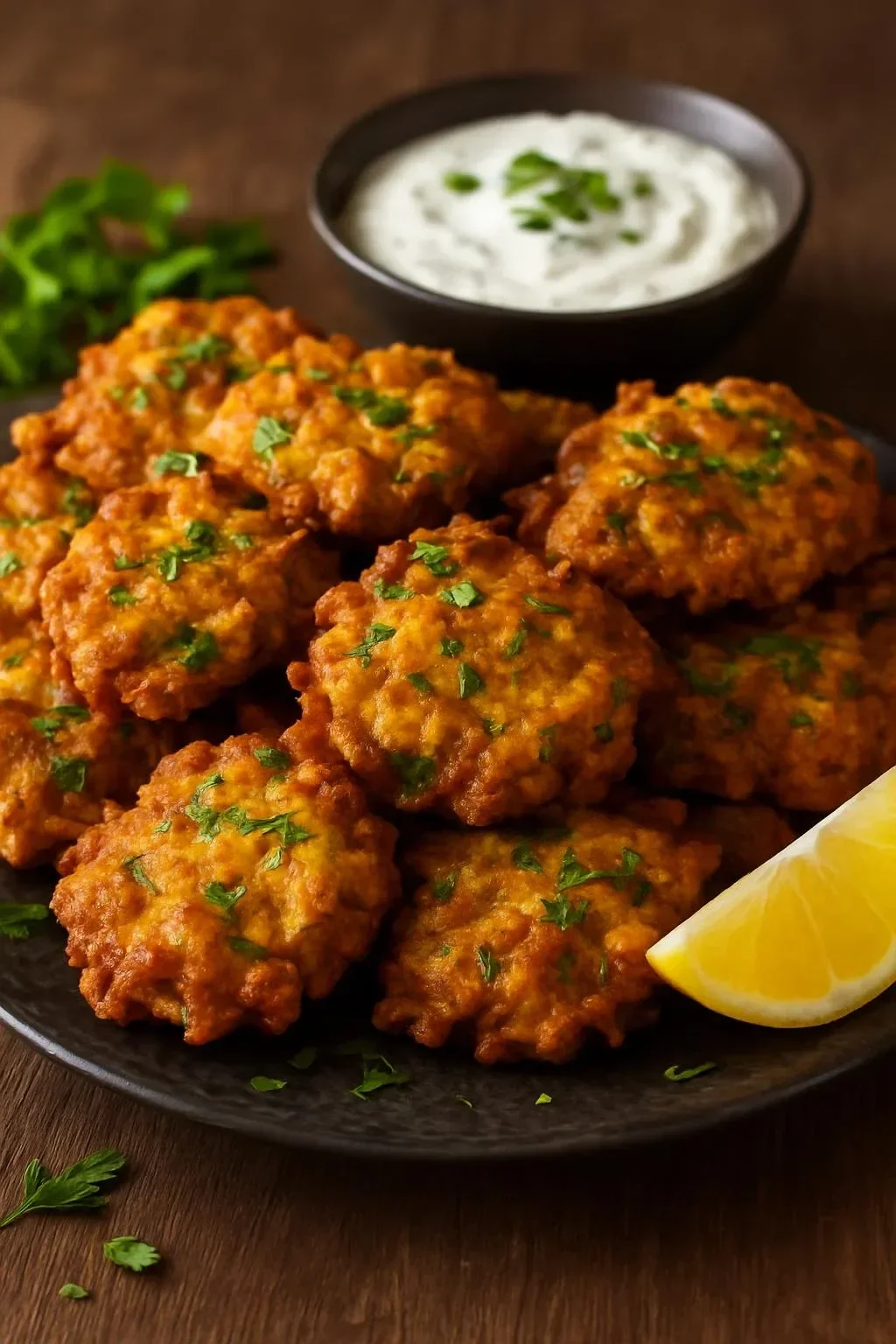 A plate of crispy Pakora Indian vegetable fritters with dipping sauce.