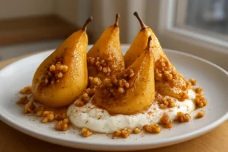 Pan-seared pears served with a drizzle of honey-yogurt sauce on a white plate.
