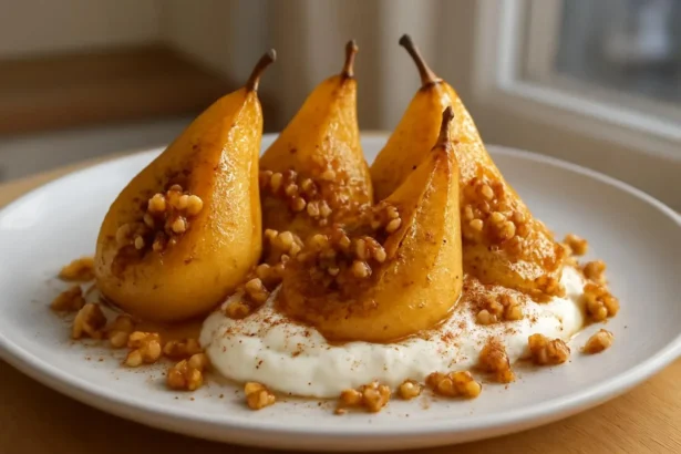 Pan-seared pears served with a drizzle of honey-yogurt sauce on a white plate.