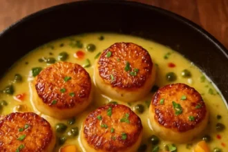 Pan-seared scallops with lemon-garlic caper butter sauce on a plate