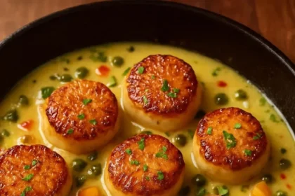 Pan-seared scallops with lemon-garlic caper butter sauce on a plate