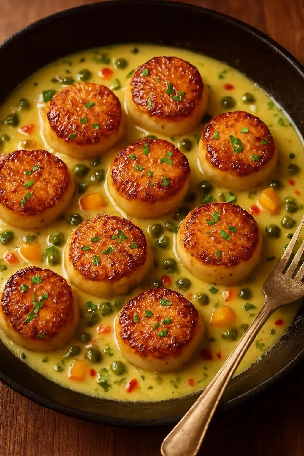 Pan-seared scallops with lemon-garlic caper butter sauce on a plate