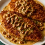 Pecan-crusted chicken with creamy honey mustard sauce on a plate