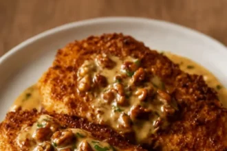 Pecan-crusted chicken with creamy honey mustard sauce on a plate
