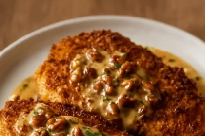 Pecan-crusted chicken with creamy honey mustard sauce on a plate