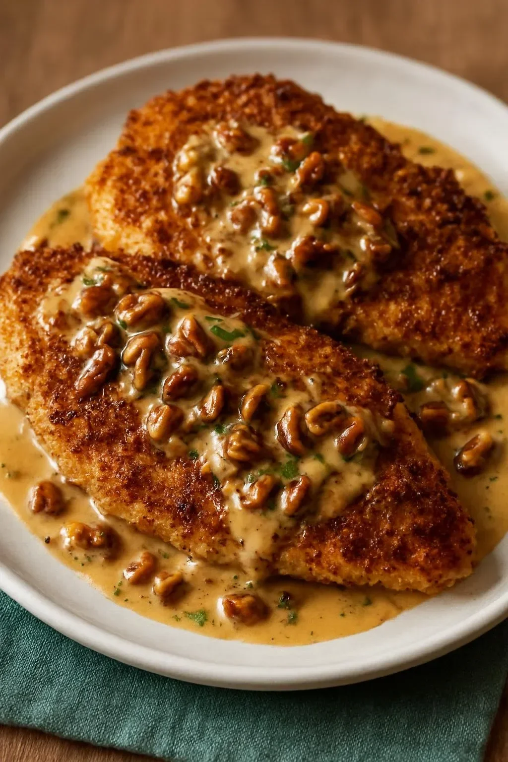 Pecan-crusted chicken with creamy honey mustard sauce on a plate