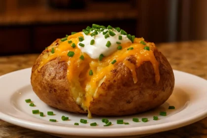 Delicious perfectly baked potato served with toppings.