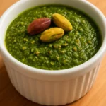 Bowl of fresh pistachio pesto sauce with herbs and nuts