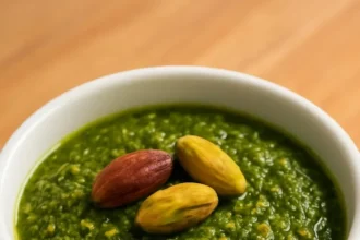 Bowl of fresh pistachio pesto sauce with herbs and nuts
