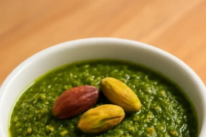 Bowl of fresh pistachio pesto sauce with herbs and nuts