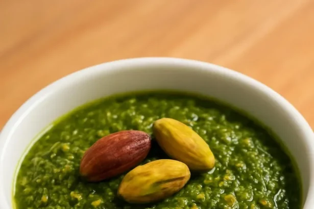 Bowl of fresh pistachio pesto sauce with herbs and nuts
