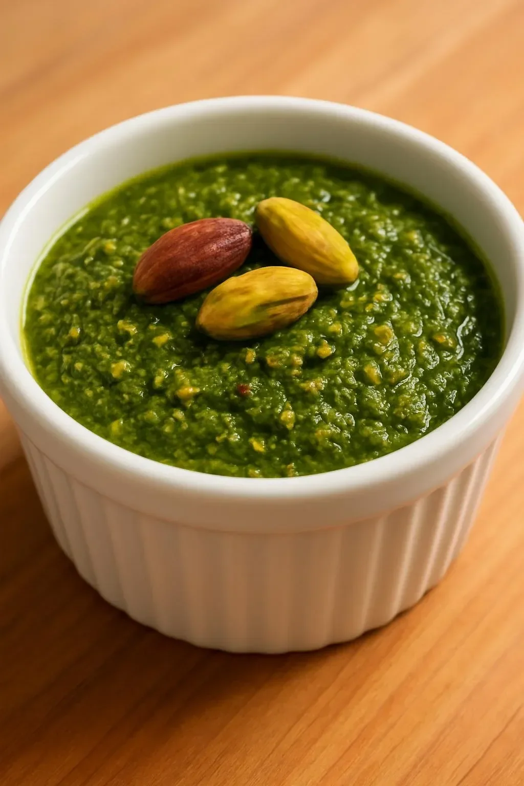 Bowl of fresh pistachio pesto sauce with herbs and nuts