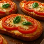 Delicious homemade pizza toast topped with melted cheese and fresh ingredients.