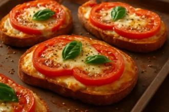 Delicious homemade pizza toast topped with melted cheese and fresh ingredients.