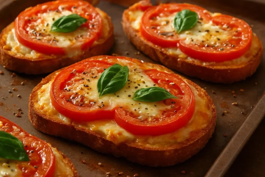 Delicious homemade pizza toast topped with melted cheese and fresh ingredients.