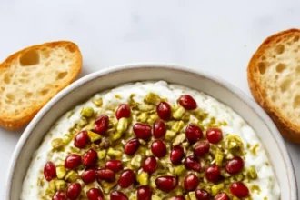 Pomegranate Pistachio Whipped Feta dip served in a bowl with a sprinkle of nuts.