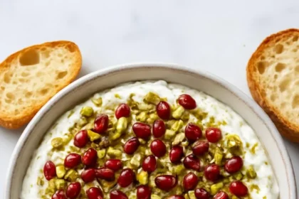 Pomegranate Pistachio Whipped Feta dip served in a bowl with a sprinkle of nuts.
