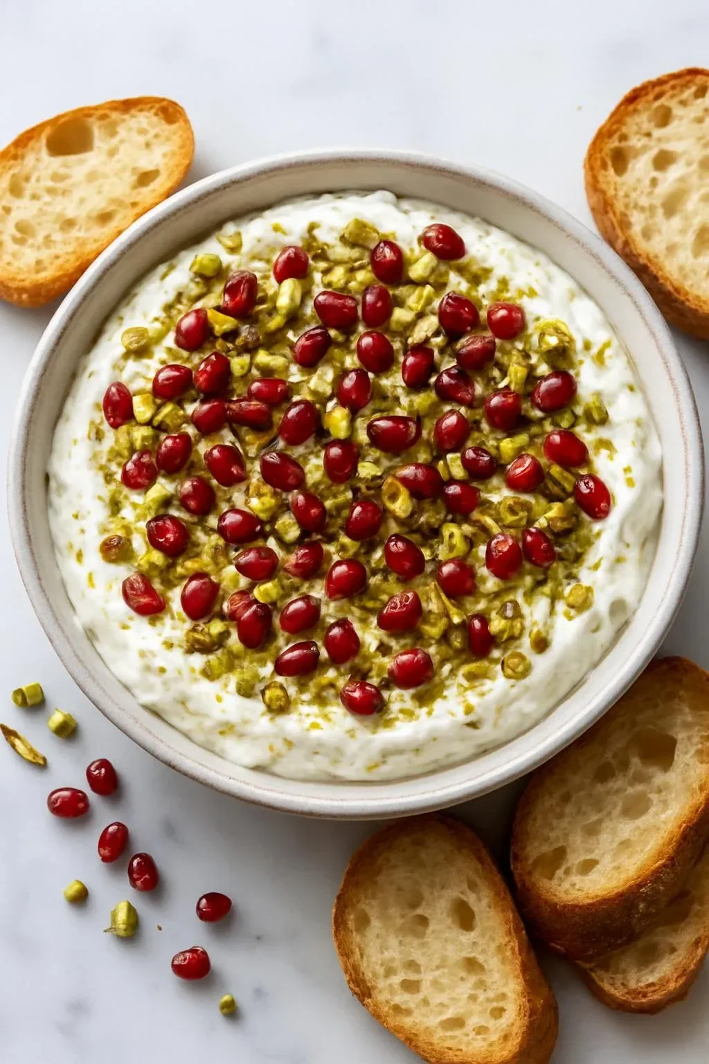 Pomegranate Pistachio Whipped Feta dip served in a bowl with a sprinkle of nuts.