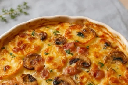 Potato Bake with mushrooms and brie cheese, a hearty and delicious dish.