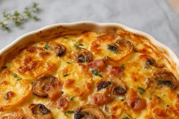 Potato Bake with mushrooms and brie cheese, a hearty and delicious dish.