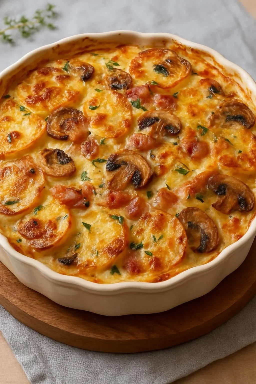 Potato Bake with mushrooms and brie cheese, a hearty and delicious dish.