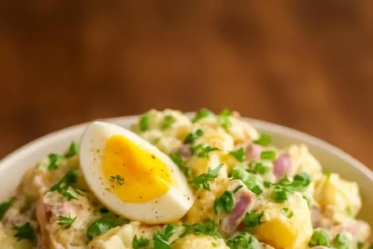Delicious bowl of creamy potato salad garnished with fresh herbs