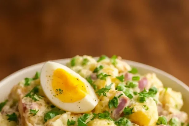 Delicious bowl of creamy potato salad garnished with fresh herbs