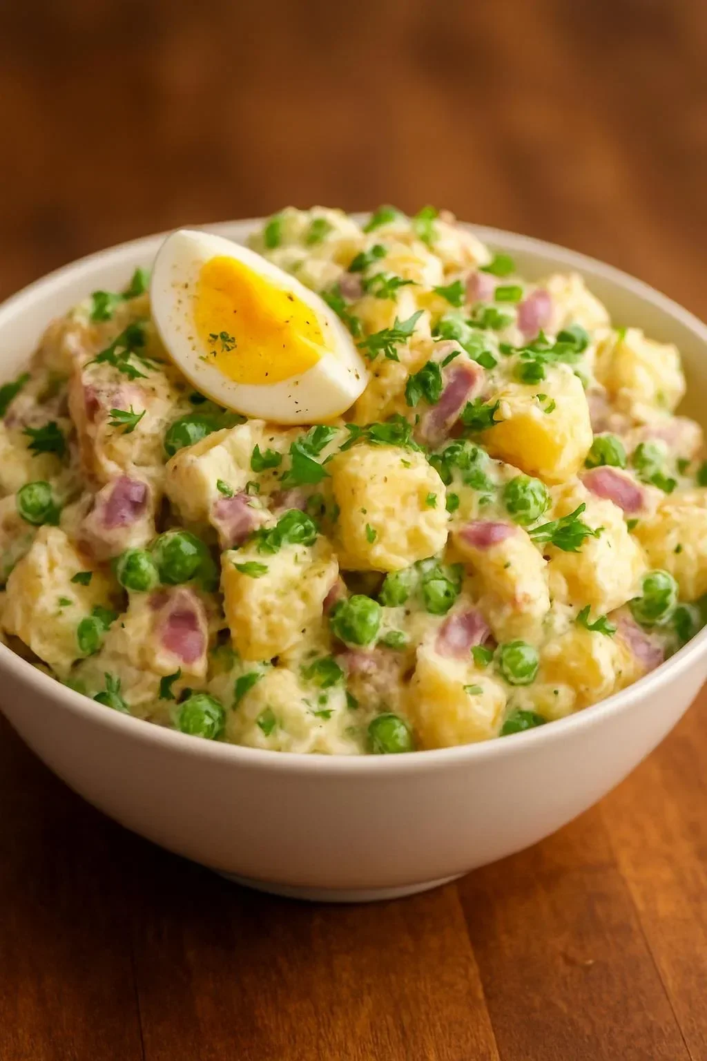 Delicious bowl of creamy potato salad garnished with fresh herbs