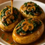 Delicious potatoes with mushroom and spinach dish, garnished and ready to serve.