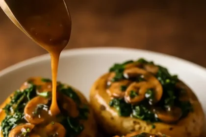 Delicious potatoes with mushroom and spinach dish, garnished and ready to serve.