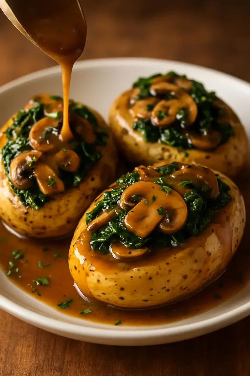 Delicious potatoes with mushroom and spinach dish, garnished and ready to serve.