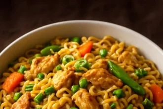 Quick and tasty chicken ramen stir fry with colorful vegetables