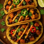 Quinoa and roasted veggie tacos garnished with fresh cilantro and avocado
