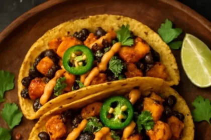 Quinoa and roasted veggie tacos garnished with fresh cilantro and avocado