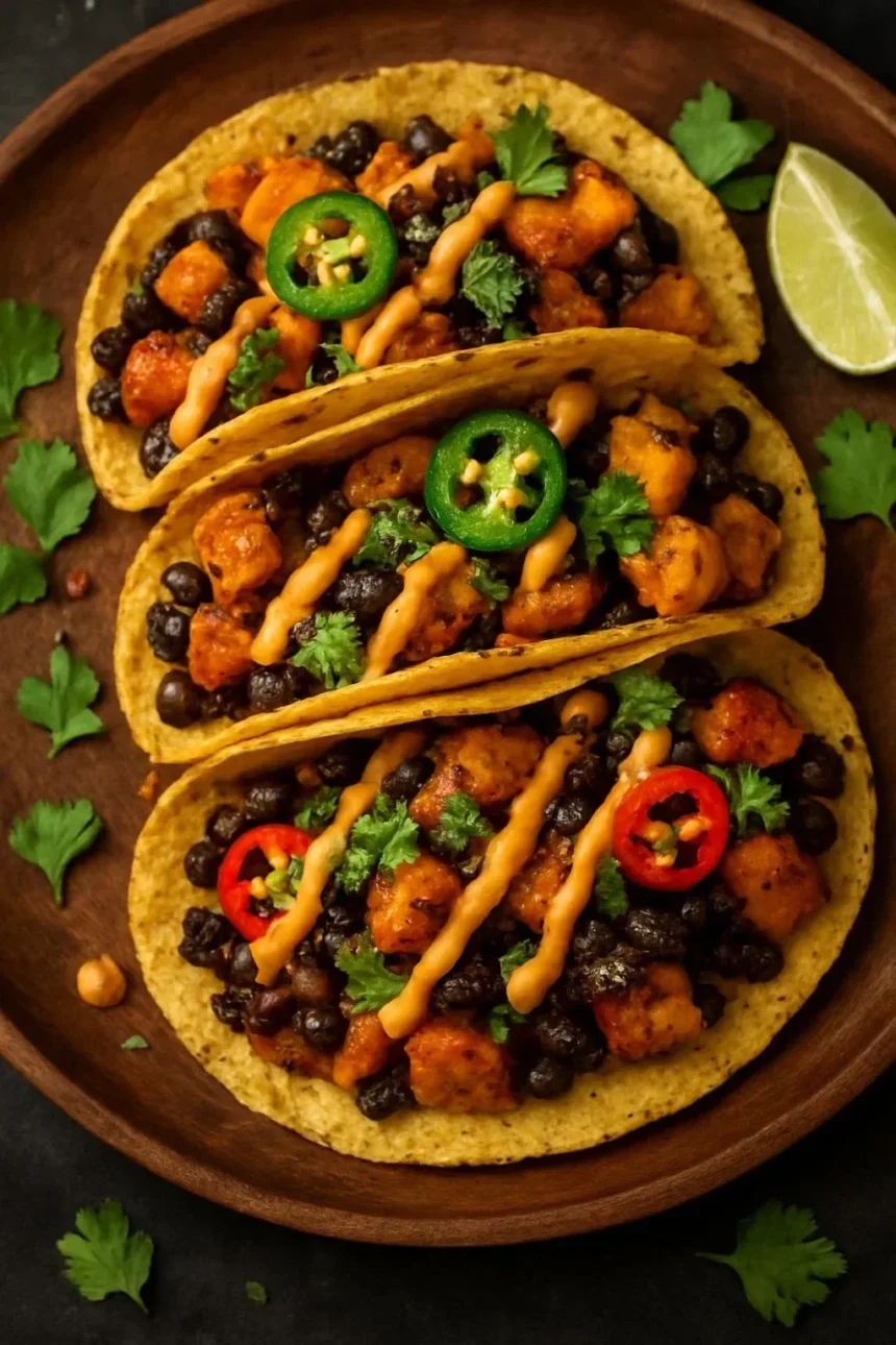 Quinoa and roasted veggie tacos garnished with fresh cilantro and avocado