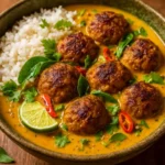 Delicious red curry chicken meatballs in coconut sauce served in a bowl.
