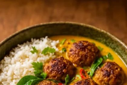Delicious red curry chicken meatballs in coconut sauce served in a bowl.