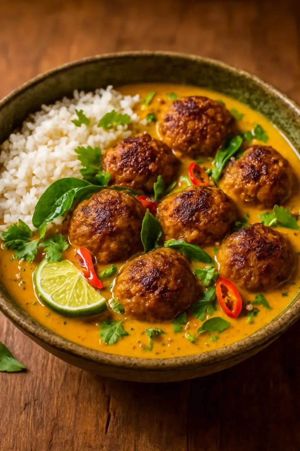 Delicious red curry chicken meatballs in coconut sauce served in a bowl.
