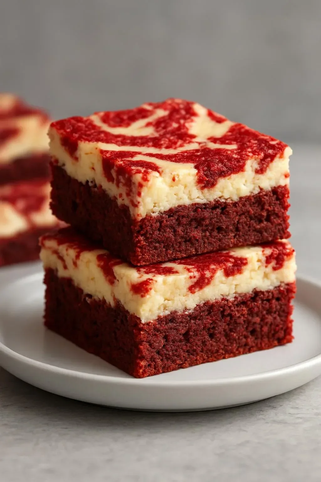 Decadent Red Velvet Cream Cheese Brownies topped with creamy frosting.