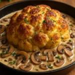 Roast cauliflower served with silky mushroom and Gruyère cheese sauce