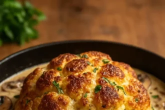 Roast cauliflower served with silky mushroom and Gruyère cheese sauce